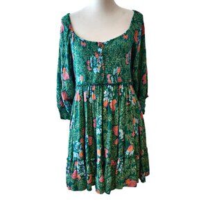 Free People Size XL Green Floral Endless Summer Picnic Puff Sleeve Mini Dress